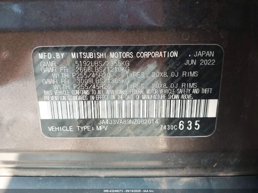 2022 Mitsubishi Outlander Sel Special Edition 2Wd VIN: JA4J3VA89NZ082014 Lot: 43246373