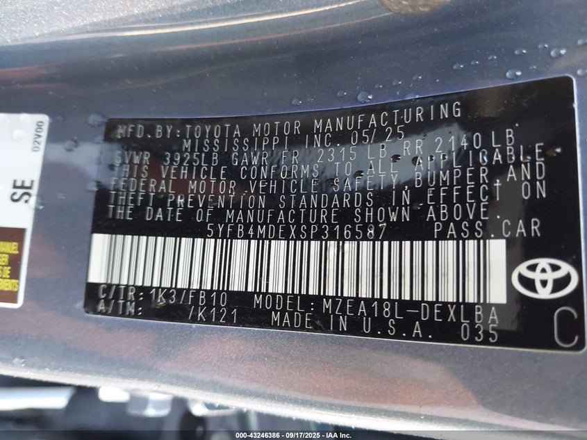 2025 TOYOTA COROLLA LE - 5YFB4MDEXSP316587