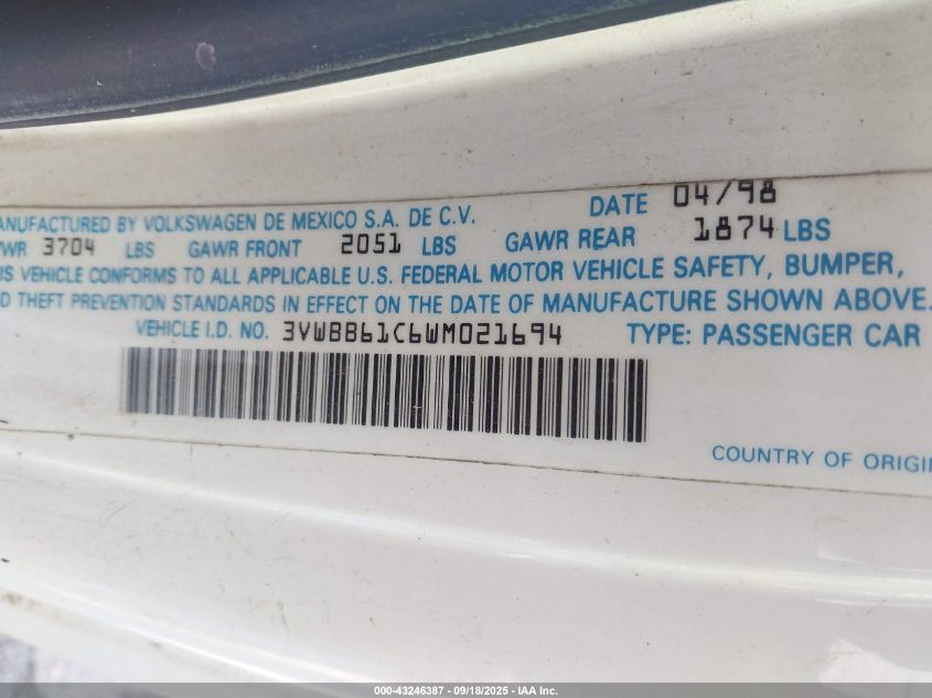 1998 Volkswagen New Beetle VIN: 3VWBB61C6WM021694 Lot: 43246387