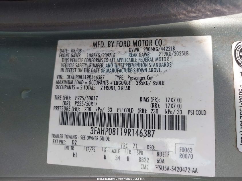 2009 Ford Fusion Sel VIN: 3FAHP08119R146387 Lot: 43246420