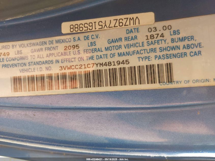 2000 Volkswagen New Beetle Gls VIN: 3VWCC21C7YM481945 Lot: 43246421