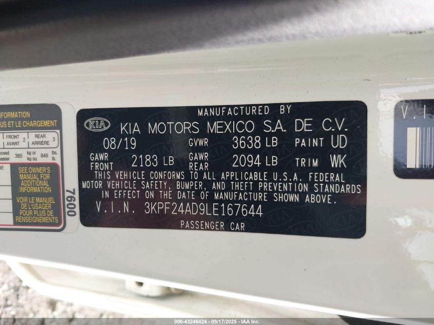 2020 Kia Forte Fe VIN: 3KPF24AD9LE167644 Lot: 43246424