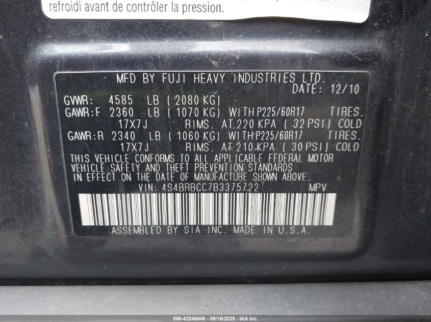 2011 Subaru Outback 2.5I Premium VIN: 4S4BRBCC7B3375722 Lot: 43246446