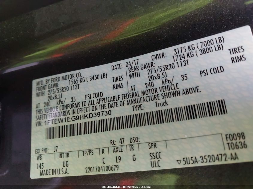 2017 Ford F-150 Xlt VIN: 1FTEW1EG9HKD39730 Lot: 43246448