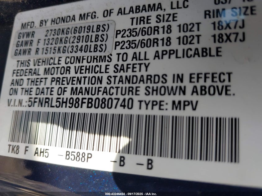 2015 HONDA ODYSSEY TOURING/TOURING ELITE 5FNRL5H98FB080740