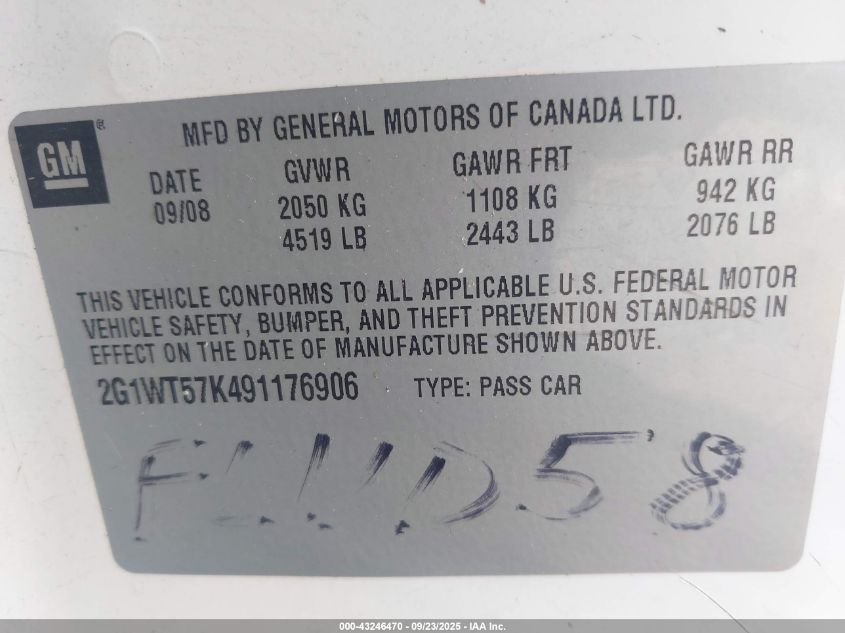 2009 Chevrolet Impala Lt VIN: 2G1WT57K491176906 Lot: 43246470