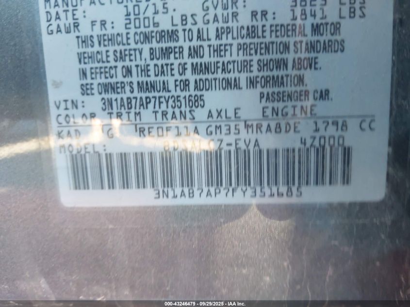 2015 Nissan Sentra S VIN: 3N1AB7AP7FY351685 Lot: 43246479