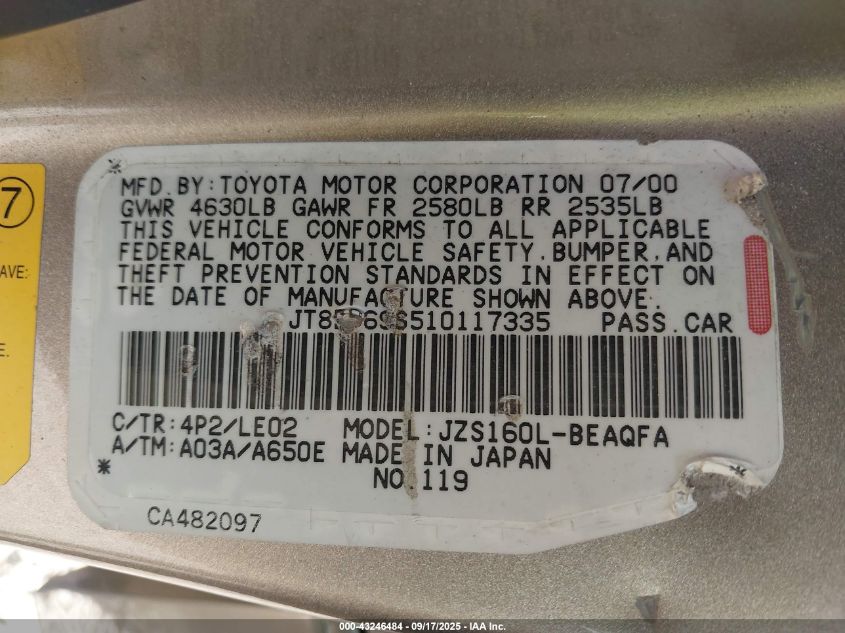 2001 Lexus Gs 300 VIN: JT8BD69S510117335 Lot: 43246484