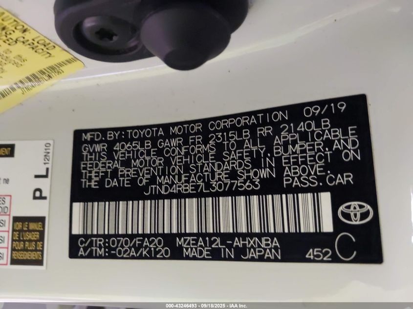 2020 Toyota Corolla Se VIN: JTND4RBE7L3077563 Lot: 43246493