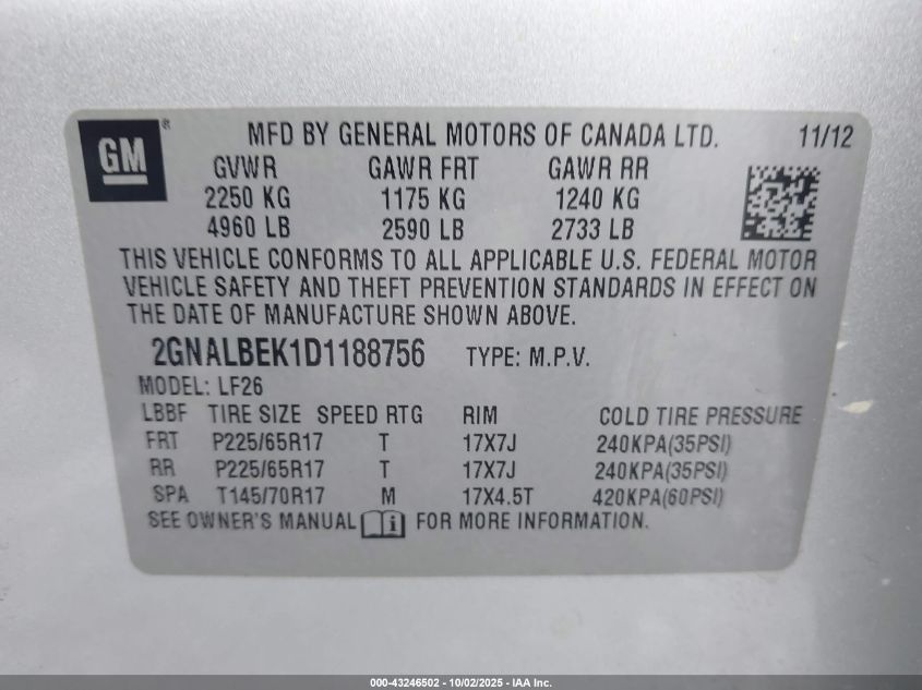 2013 Chevrolet Equinox Ls VIN: 2GNALBEK1D1188756 Lot: 43246502