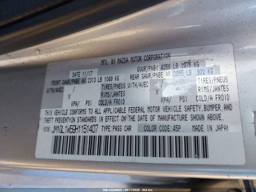 2017 Mazda Mazda6 Grand Touring VIN: JM1GL1W59H1151407 Lot: 43246505