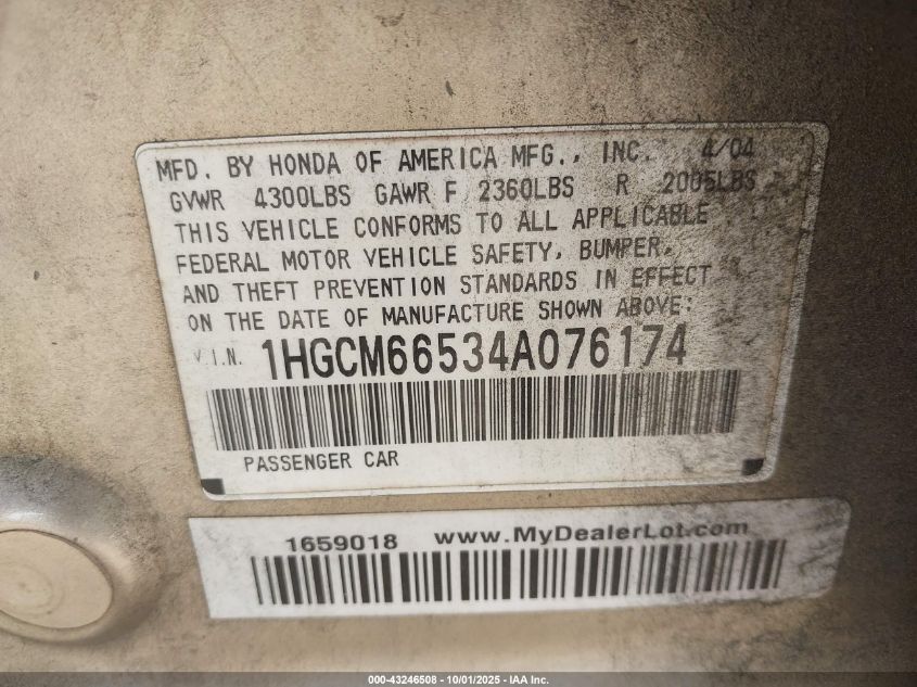 2004 Honda Accord 3.0 Ex VIN: 1HGCM66534A076174 Lot: 43246508