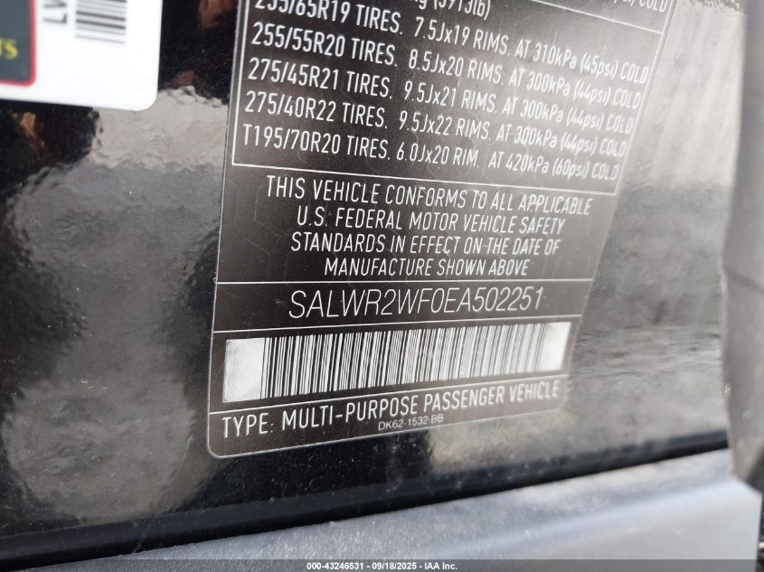 2014 Land Rover Range Rover Sport 3.0L V6 Supercharged Hse VIN: SALWR2WF0EA502251 Lot: 43246531