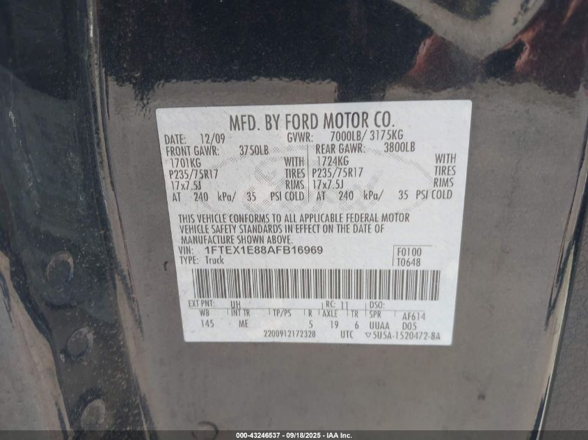 2010 Ford F-150 Stx/Xl/Xlt VIN: 1FTEX1E88AFB16969 Lot: 43246537