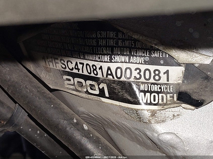 2001 Honda Gl1800 VIN: 1HFSC47081A003081 Lot: 43246541