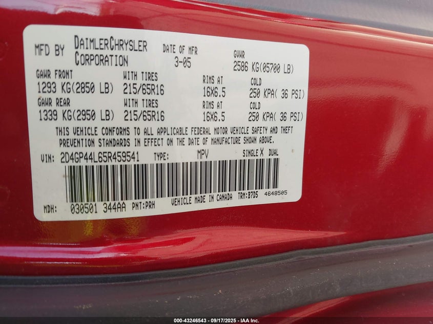 2005 Dodge Grand Caravan Sxt VIN: 2D4GP44L65R459541 Lot: 43246543