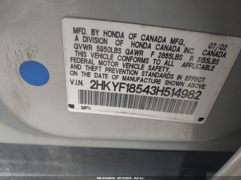 2003 Honda Pilot Ex-L VIN: 2HKYF18543H514982 Lot: 43246549