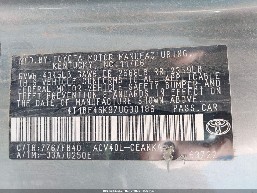 2007 Toyota Camry Le VIN: 4T1BE46K97U630186 Lot: 43246557