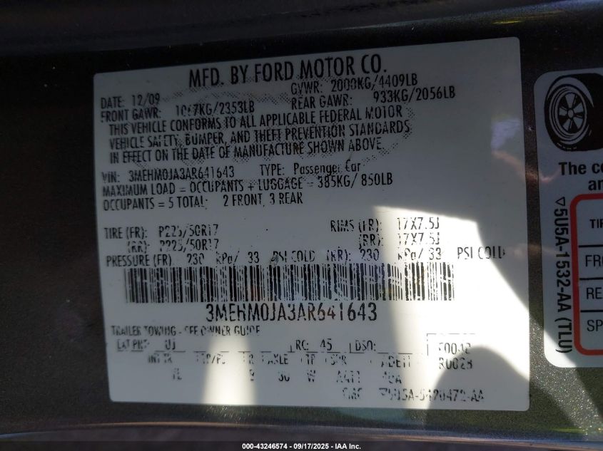 2010 Mercury Milan Premier VIN: 3MEHM0JA3AR641643 Lot: 43246574