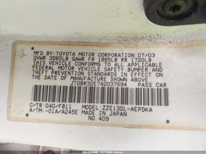 2004 Toyota Corolla Ce VIN: JTDBR32E742037694 Lot: 43246589