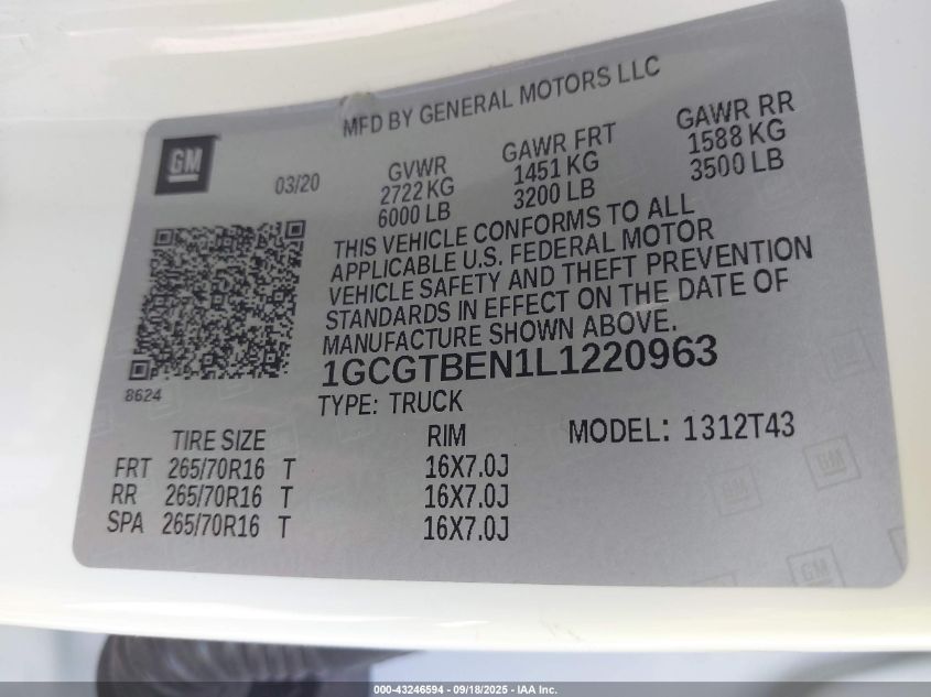 2020 Chevrolet Colorado 4Wd Long Box Wt VIN: 1GCGTBEN1L1220963 Lot: 43246594