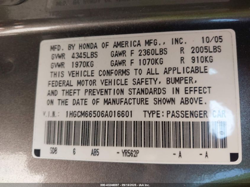 2006 Honda Accord Sdn Ex-L V6 VIN: 1HGCM66506A016601 Lot: 43246597