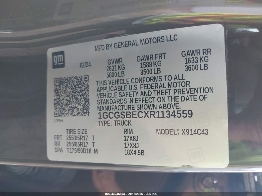 2024 Chevrolet Colorado 2Wd Wt VIN: 1GCGSBECXR1134559 Lot: 43246603