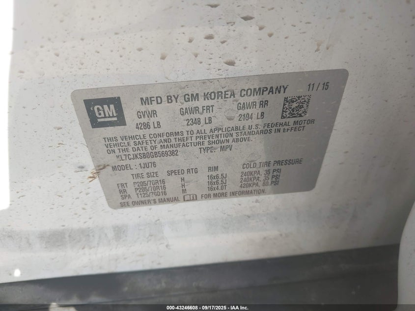 2016 Chevrolet Trax 1Ls VIN: KL7CJKSB0GB569382 Lot: 43246608