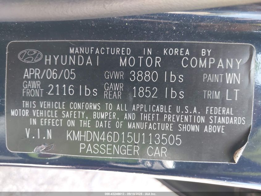 2005 Hyundai Elantra Gls/Gt VIN: KMHDN46D15U113505 Lot: 43246613