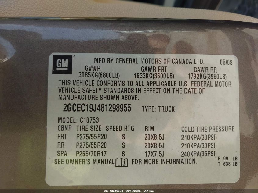 2008 Chevrolet Silverado 1500 Lt1 VIN: 2GCEC19J481298955 Lot: 43246623