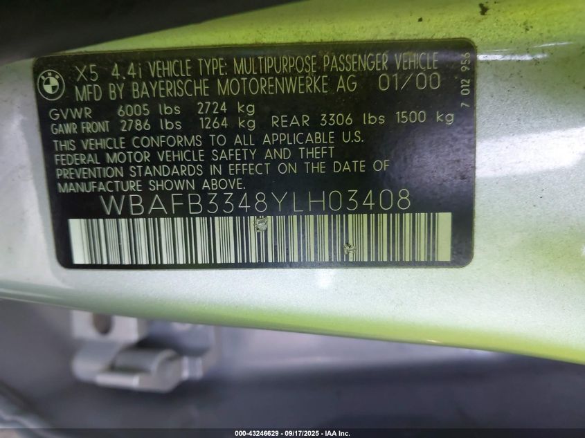 2000 BMW X5 4.4 VIN: WBAFB3348YLH03408 Lot: 43246629