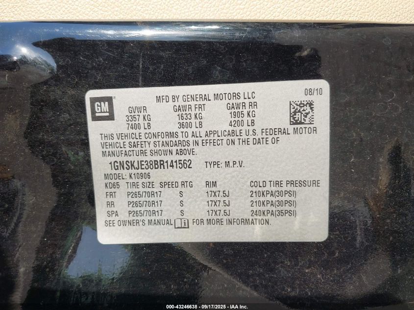 2011 Chevrolet Suburban 1500 Lt1 VIN: 1GNSKJE38BR141562 Lot: 43246638