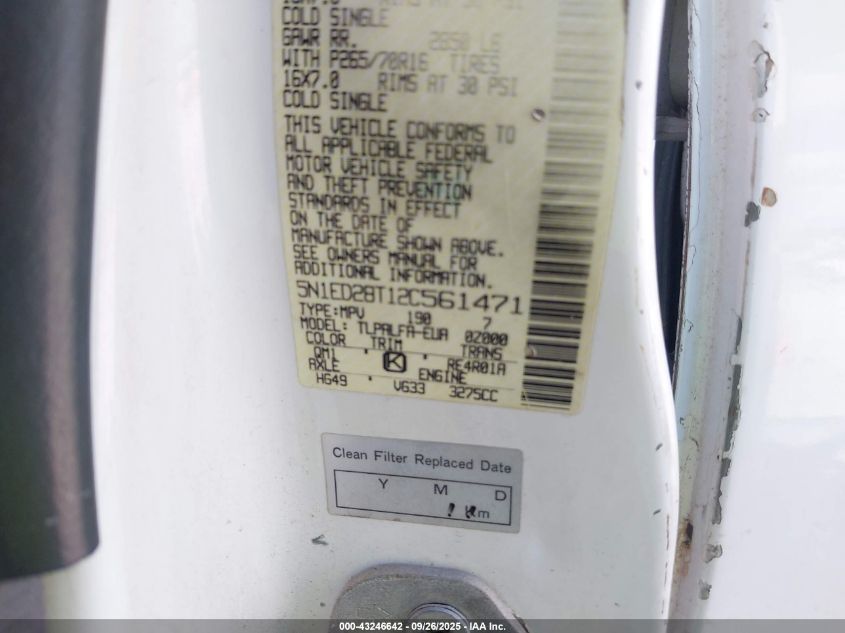 2002 Nissan Xterra Se VIN: 5N1ED28T12C561471 Lot: 43246642