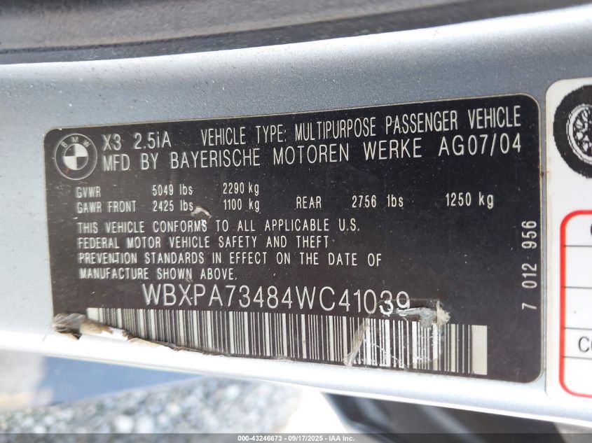 2004 BMW X3 2.5I VIN: WBXPA73484WC41039 Lot: 43246673