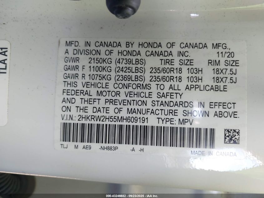 2021 Honda Cr-V Awd Ex VIN: 2HKRW2H55MH609191 Lot: 43246682