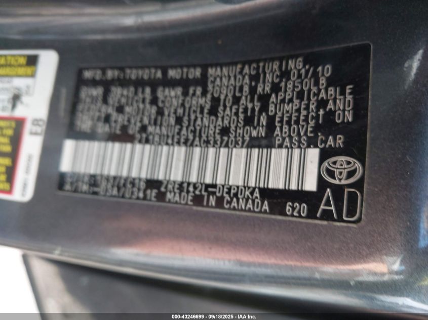 2010 Toyota Corolla Le VIN: 2T1BU4EE7AC337037 Lot: 43246699