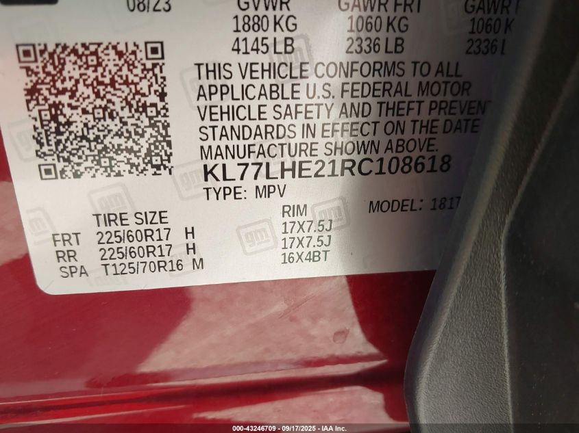 2024 Chevrolet Trax Fwd Lt VIN: KL77LHE21RC108618 Lot: 43246709