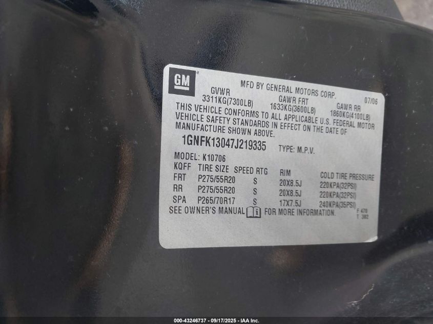 2007 Chevrolet Tahoe Ltz VIN: 1GNFK13047J219335 Lot: 43246737