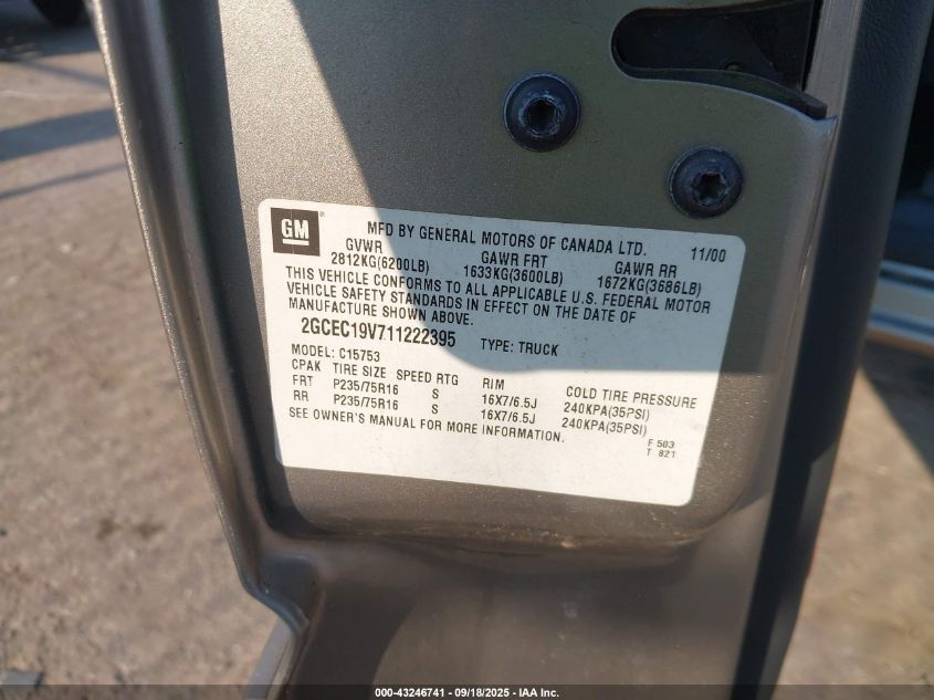 2001 Chevrolet Silverado 1500 Ls VIN: 2GCEC19V711222395 Lot: 43246741