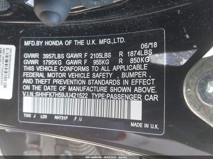 2018 HONDA CIVIC EX - SHHFK7H59JU421522