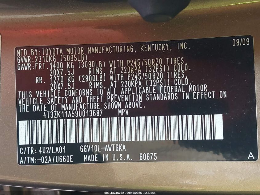 2009 Toyota Venza Base V6 VIN: 4T3ZK11A59U013687 Lot: 43246762