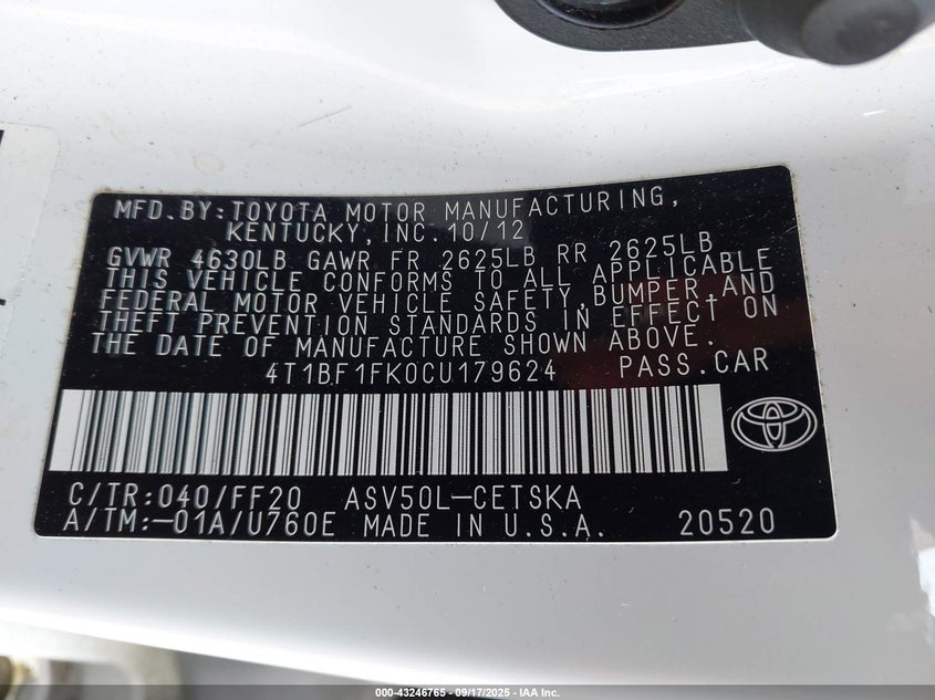 2012 Toyota Camry Se VIN: 4T1BF1FK0CU179624 Lot: 43246765