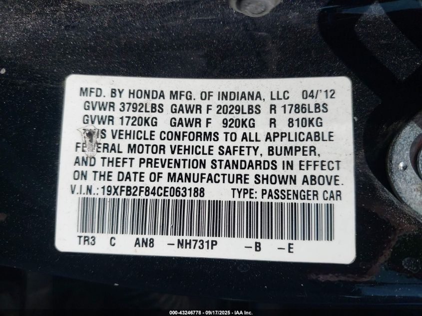 2012 Honda Civic Ex VIN: 19XFB2F84CE063188 Lot: 43246778