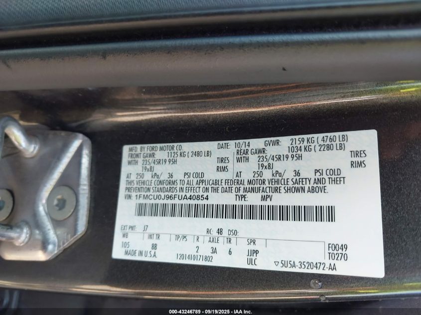 2015 Ford Escape Titanium VIN: 1FMCU0J96FUA40854 Lot: 43246789