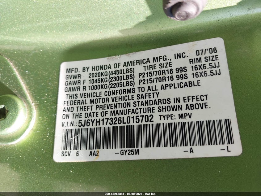2006 Honda Element Lx VIN: 5J6YH17326L015702 Lot: 43246811