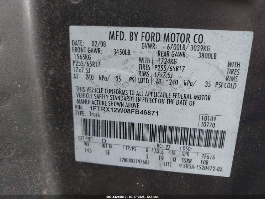 2008 Ford F-150 Fx2/Stx/Xl/Xlt VIN: 1FTRX12W08FB46871 Lot: 43246812