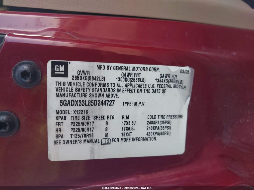 2005 Buick Terraza Cxl VIN: 5GADX33L85D244727 Lot: 43246823