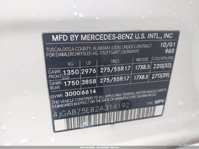 2002 Mercedes-Benz Ml 500 VIN: 4JGAB75E82A314192 Lot: 43246850