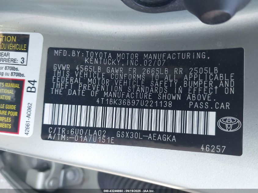 2007 Toyota Avalon Xls VIN: 4T1BK36B97U221138 Lot: 43246860