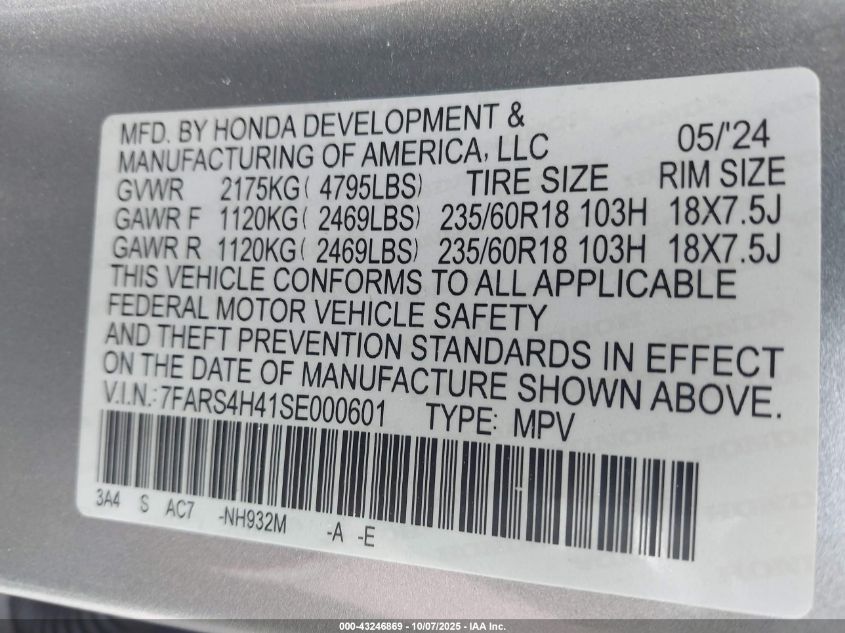 2025 Honda Cr-V Ex Awd VIN: 7FARS4H41SE000601 Lot: 43246869